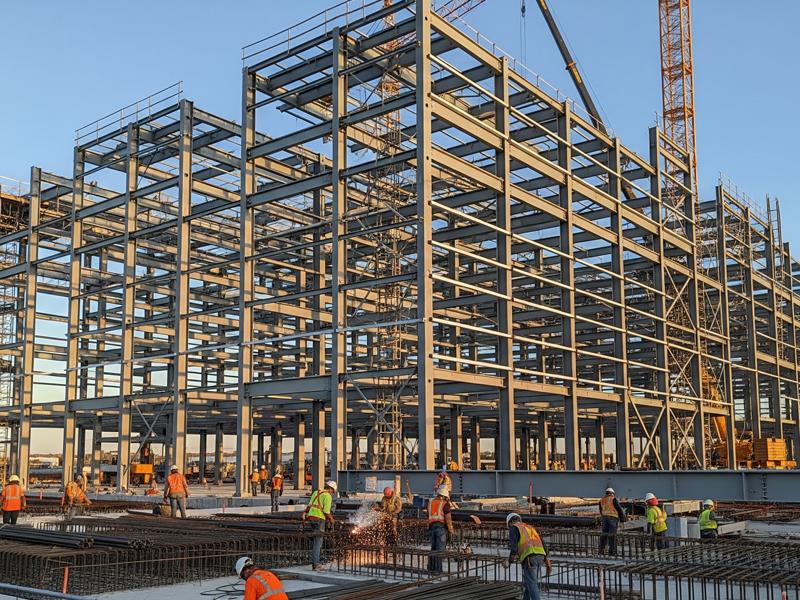 A large-scale cold storage facility under construction with steel framework
