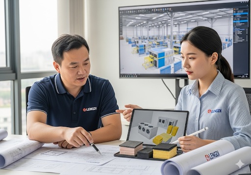 Engineers reviewing cold storage design blueprints