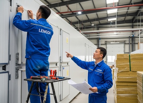 Technicians installing refrigeration pipes in a new cold room